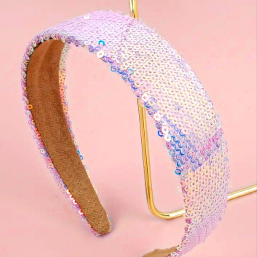 New boutique handmade iridescent sequins wide flexible headband pink/purple